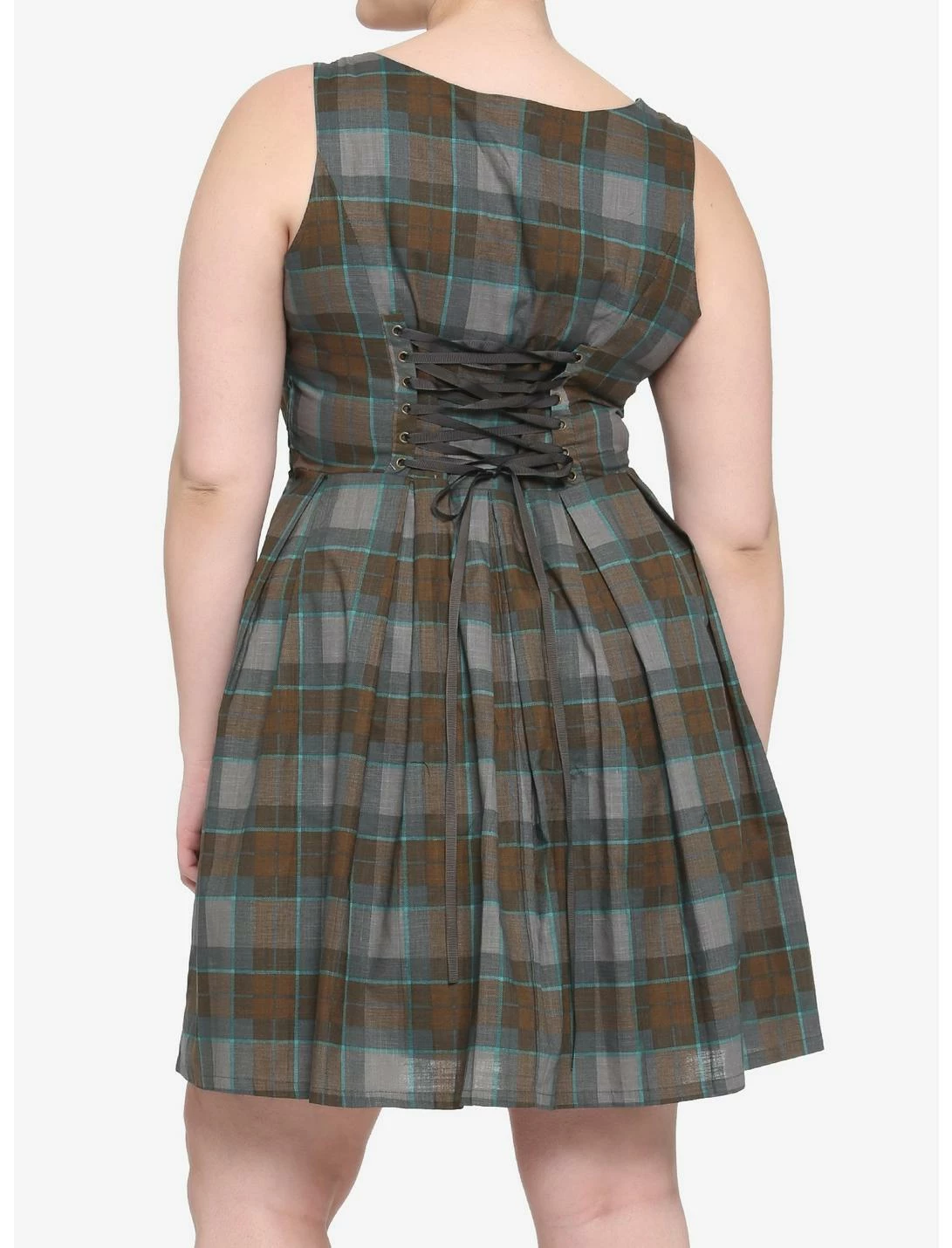 HUNIVERS Outlander Lace-Up Tartan Plaid Dress Plus Size - Image 3