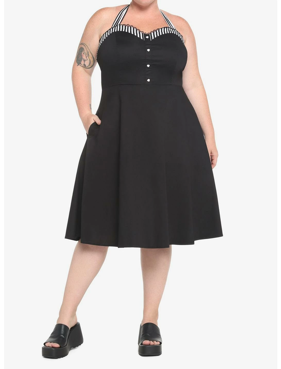 HUNIVERS Black & White Stripe Retro Halter Dress Plus Size - Image 2