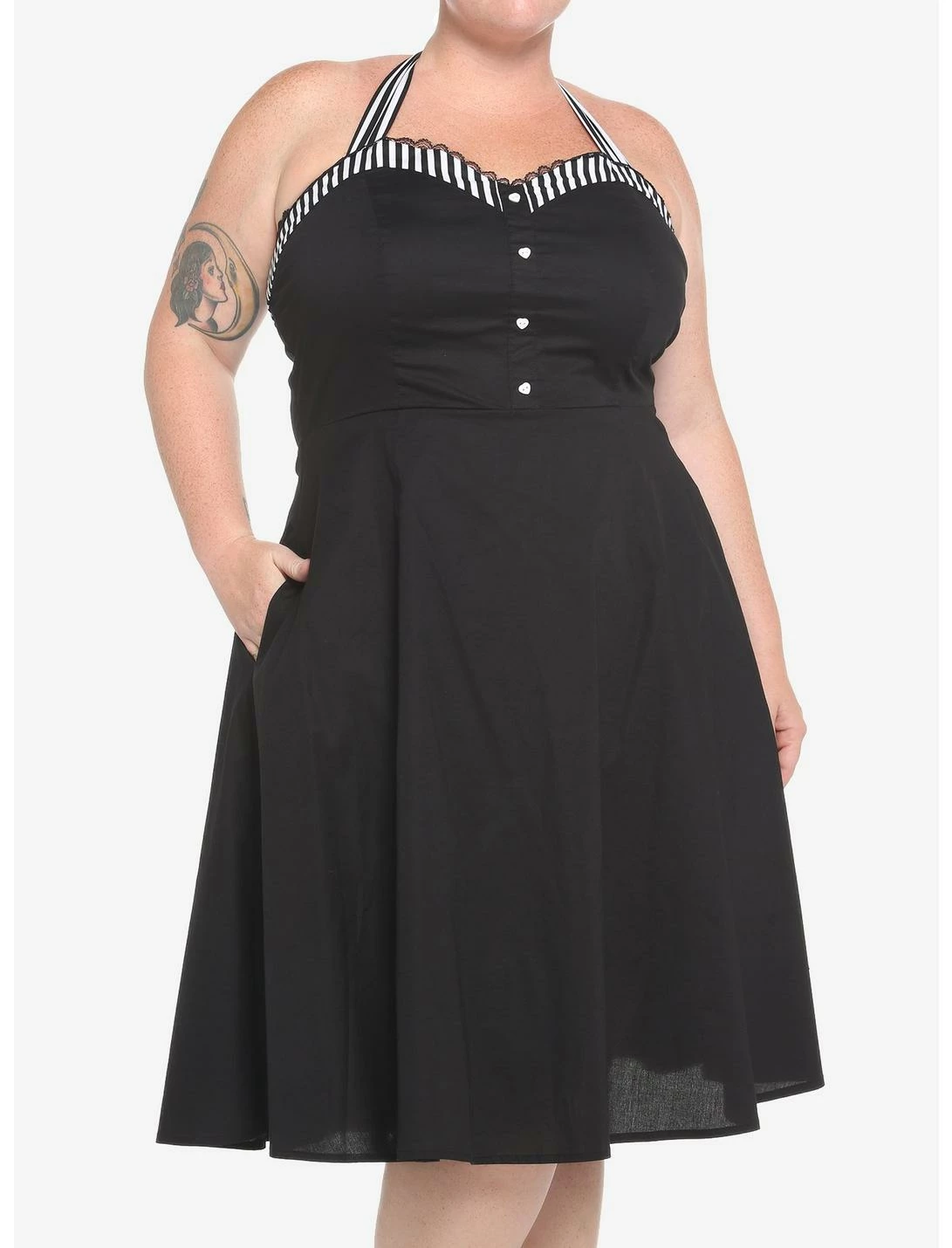 HUNIVERS Black & White Stripe Retro Halter Dress Plus Size