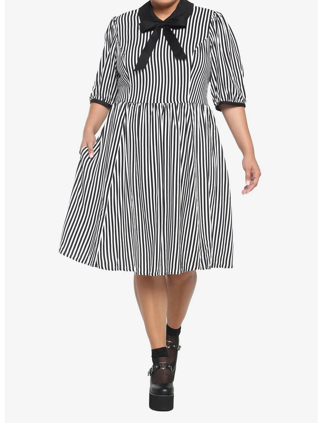 HUNIVERS Black & White Stripe Bow Retro Dress Plus Size - Image 2