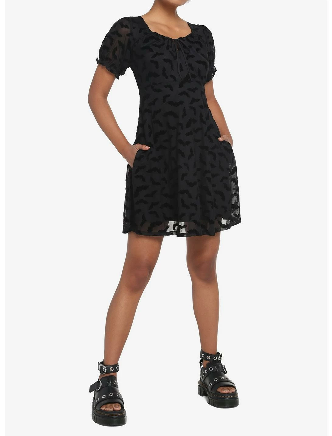 HUNIVERS Black Flocked Bats Babydoll Dress - Image 2