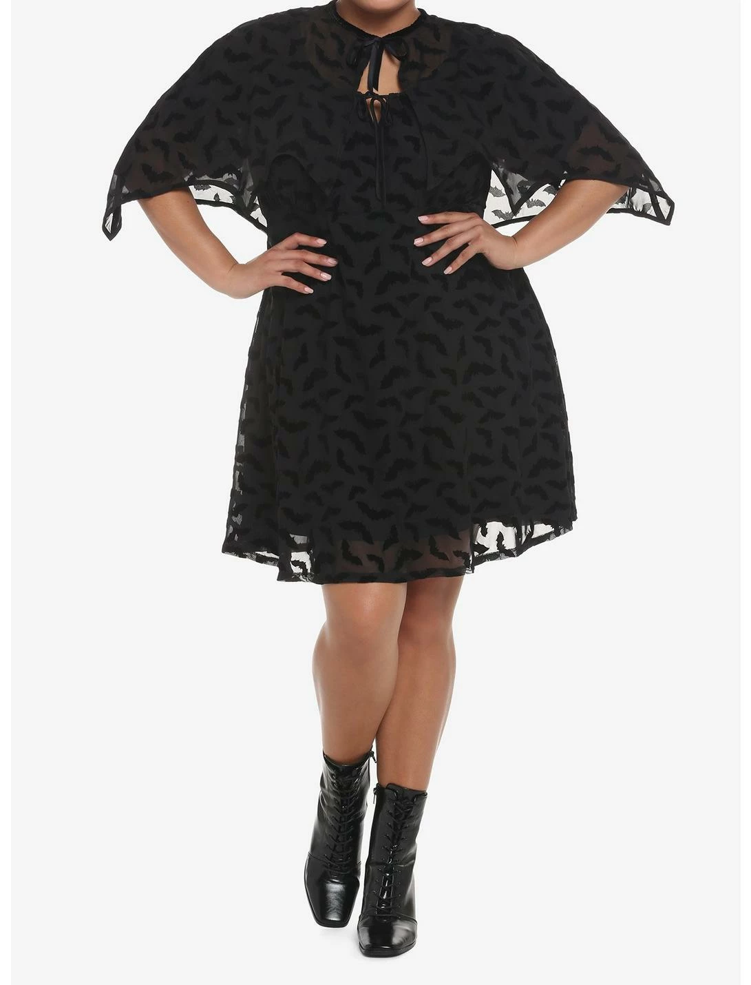 HUNIVERS Black Flocked Bats Babydoll Dress Plus Size - Image 4
