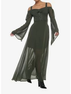 HUNIVERS Forest Green Chiffon Cold Shoulder Maxi Dress