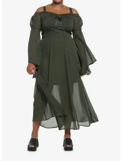 HUNIVERS Forest Green Chiffon Cold Shoulder Maxi Dress Plus Size