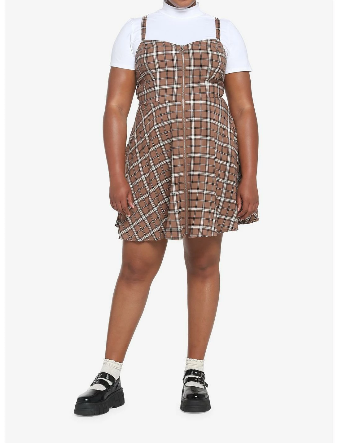 HUNIVERS Brown Plaid Twofer Dress Plus Size - Image 2
