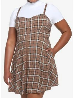 HUNIVERS Brown Plaid Twofer Dress Plus Size