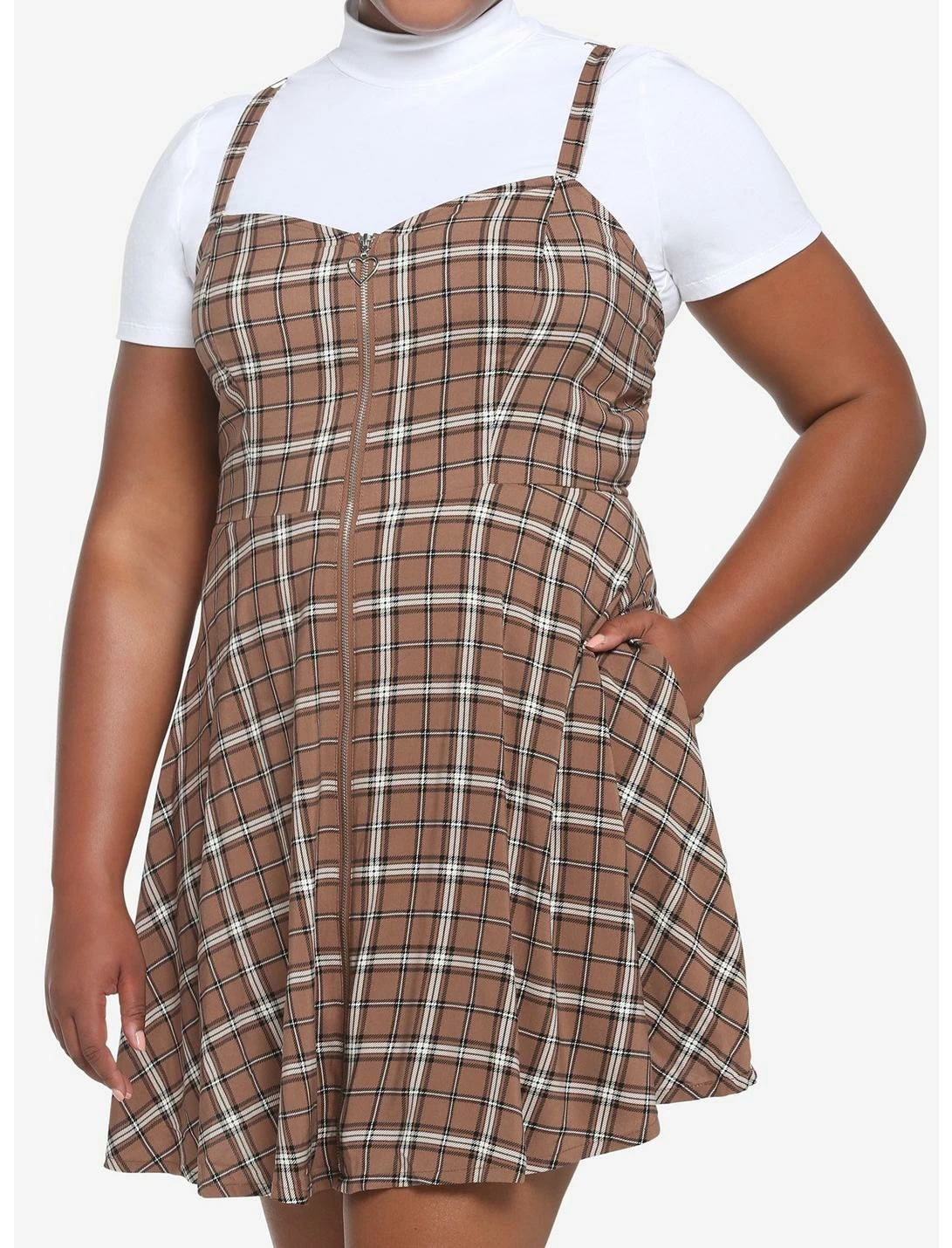 HUNIVERS Brown Plaid Twofer Dress Plus Size