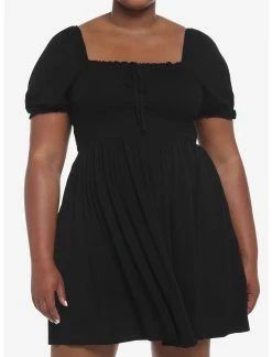 HUNIVERS Black Smocked Mini Dress Plus Size
