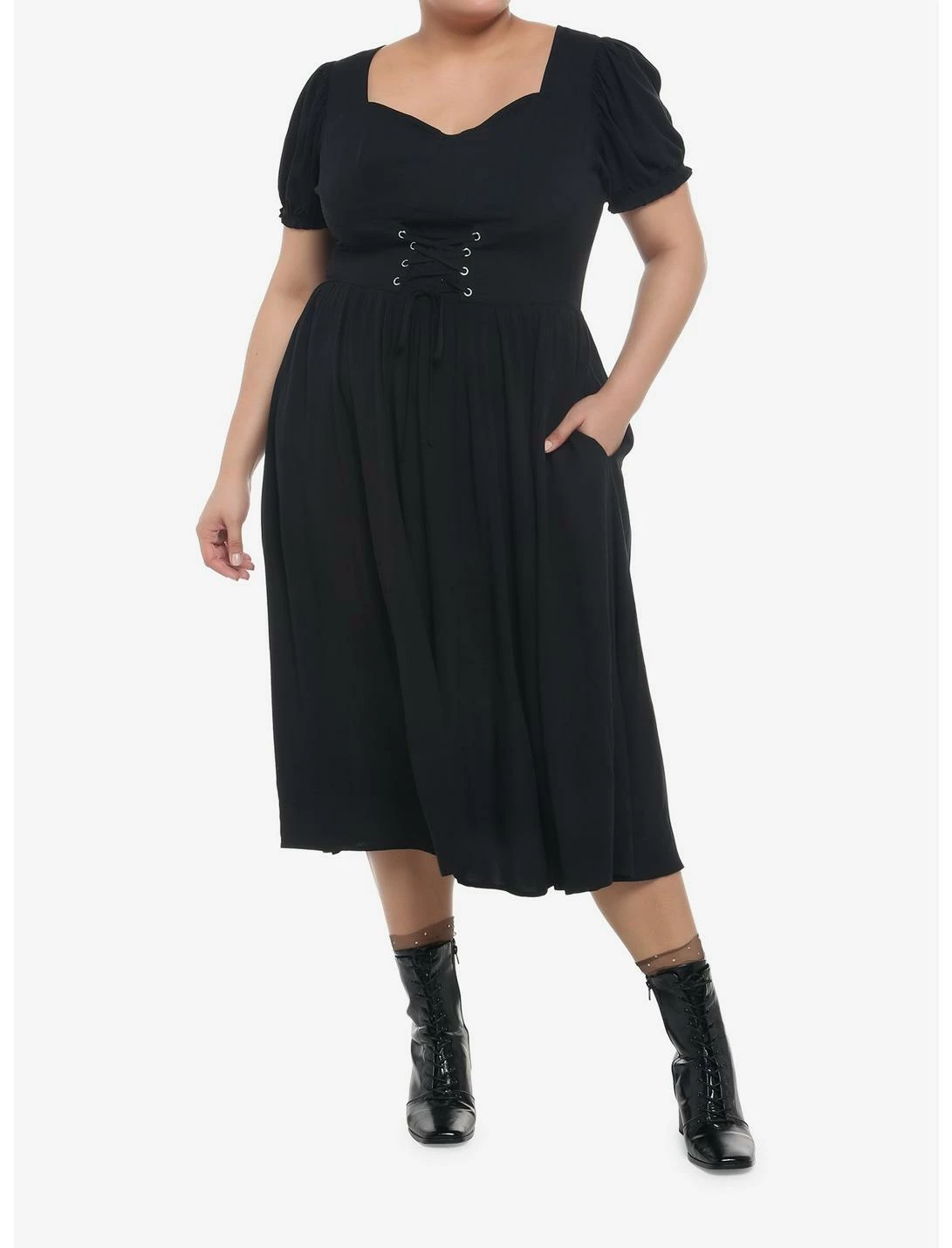 Null Black Puff Sleeve Corset Midi Dress Plus Size - Image 2