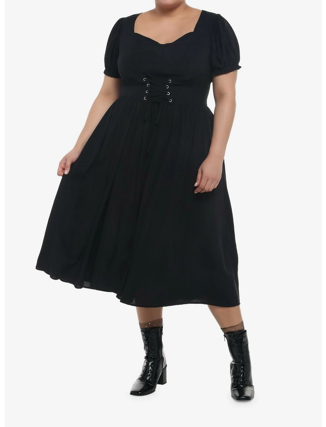 Null Black Puff Sleeve Corset Midi Dress Plus Size