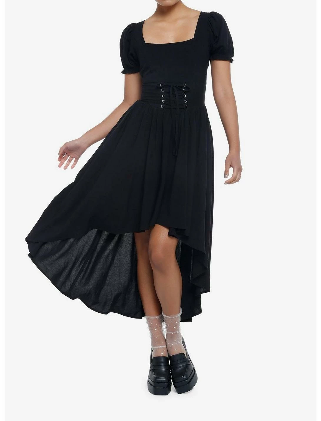 Null Black Babydoll Lace-Up Midi Dress