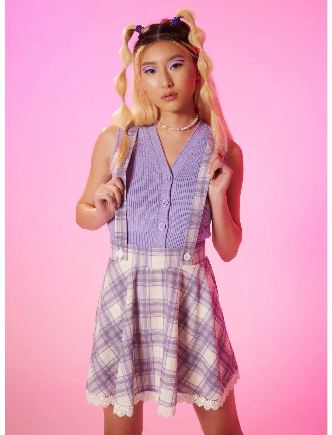 HUNIVERS Pink & Purple Plaid Lace Suspender Skirt