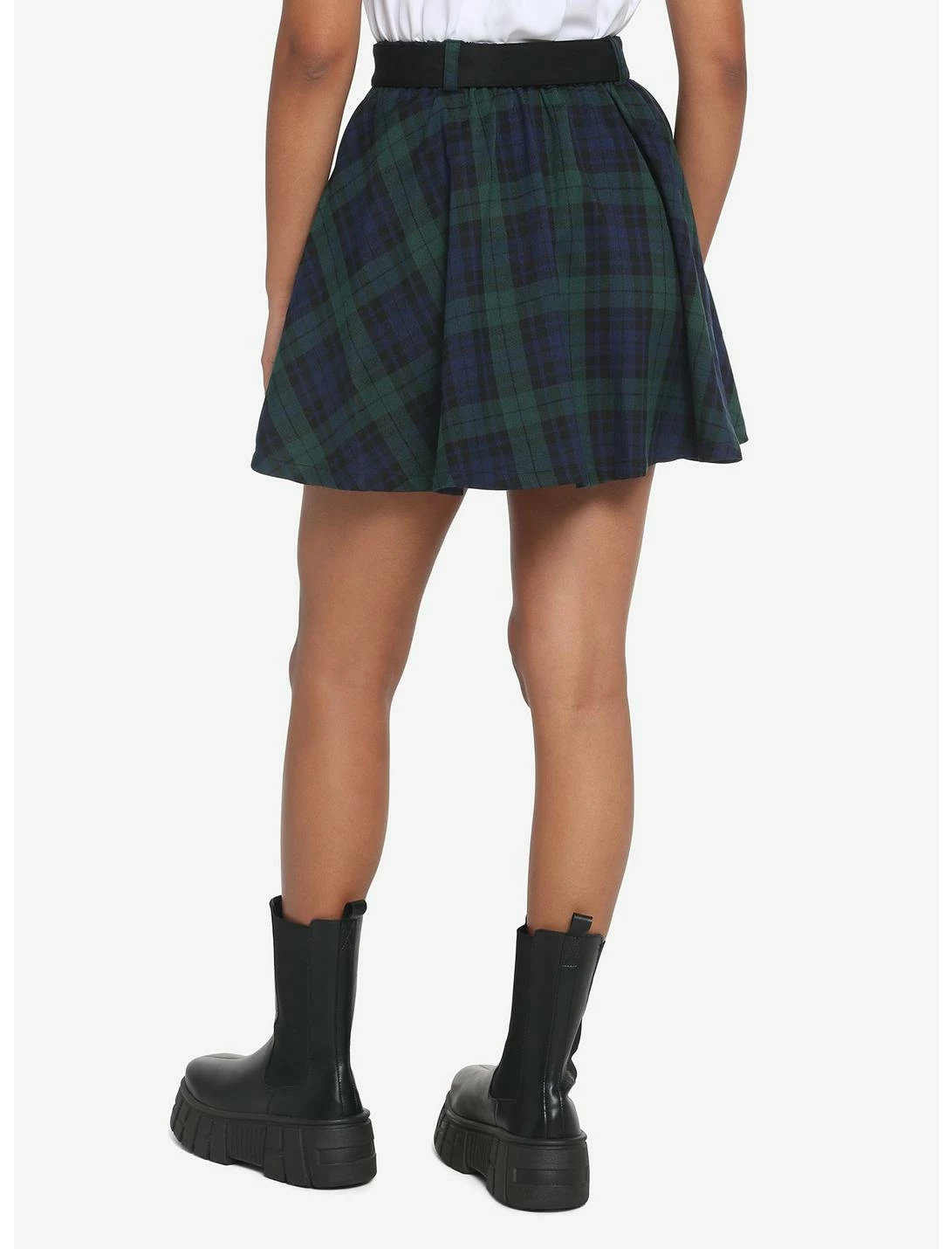 HUNIVERS Green & Blue Plaid Skirt With Grommet Belt - Image 3