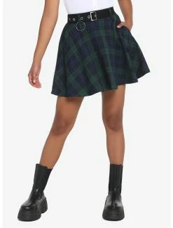 HUNIVERS Green & Blue Plaid Skirt With Grommet Belt