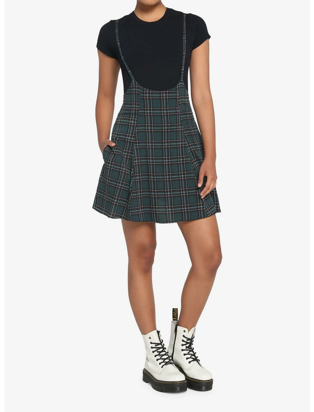 HUNIVERS Green Plaid High-Waisted Suspender Skirt - Image 2