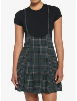 HUNIVERS Green Plaid High-Waisted Suspender Skirt