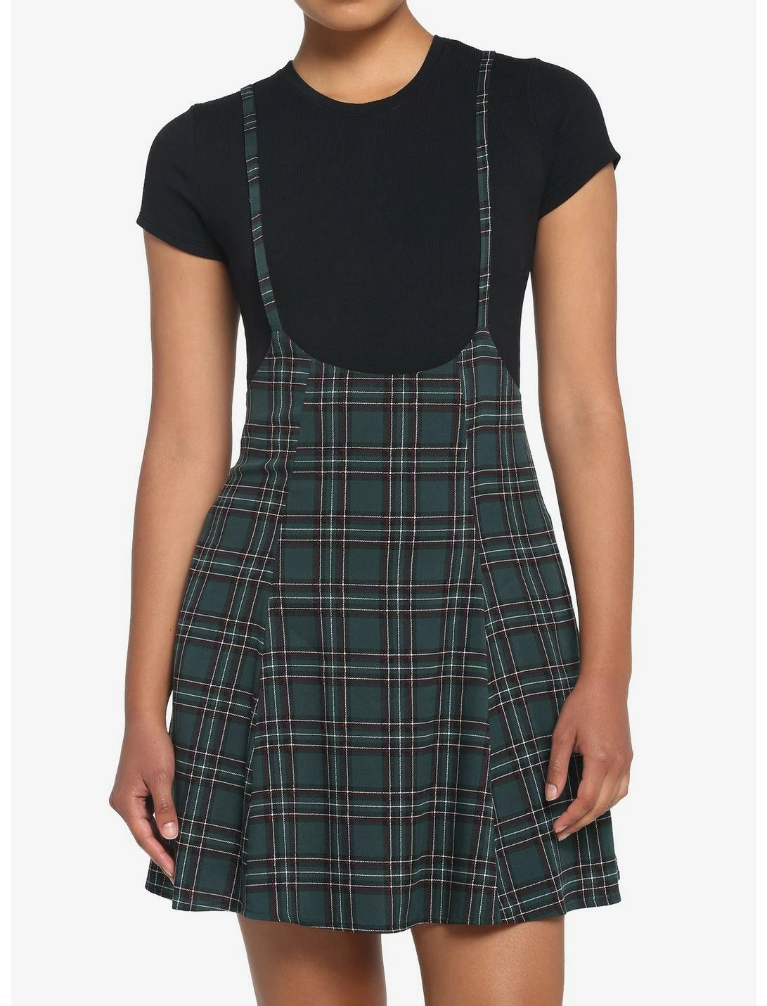 HUNIVERS Green Plaid High-Waisted Suspender Skirt