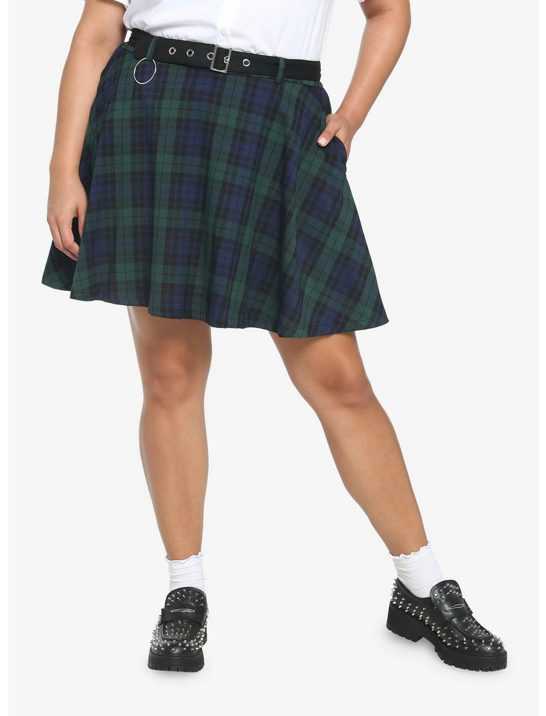 HUNIVERS Green & Blue Plaid Skirt With Grommet Belt Plus Size