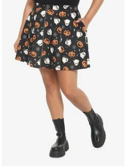HUNIVERS Pumpkin Ghost & Web Zipper Skirt Plus Size