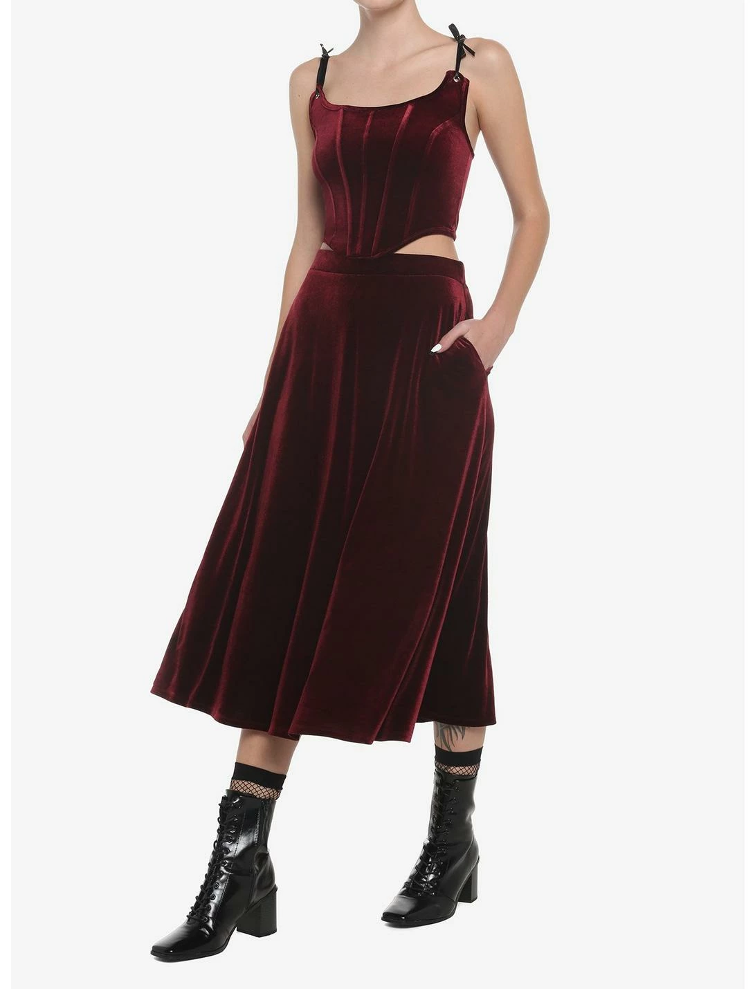 HUNIVERS Burgundy Velvet Maxi Skirt - Image 3