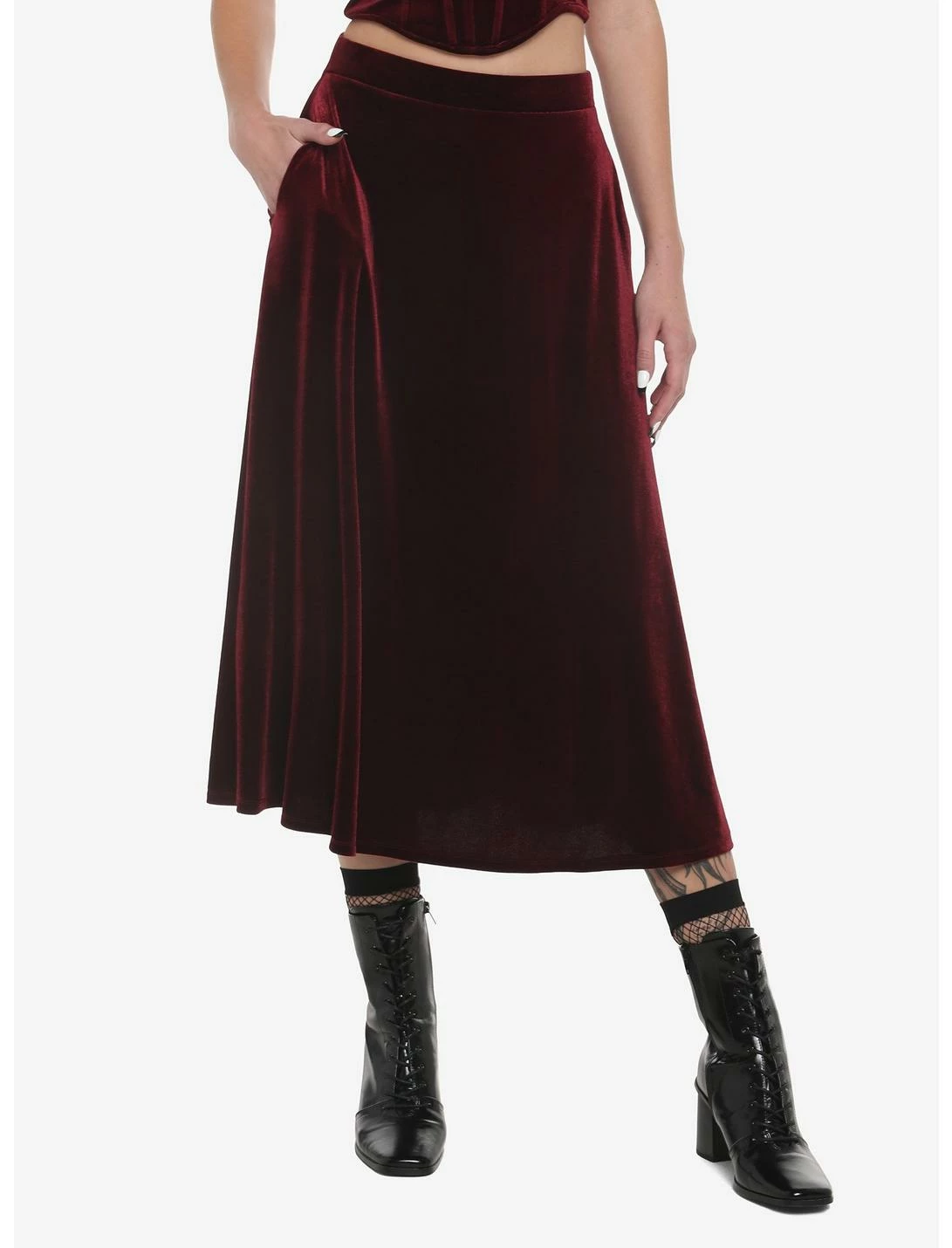 HUNIVERS Burgundy Velvet Maxi Skirt