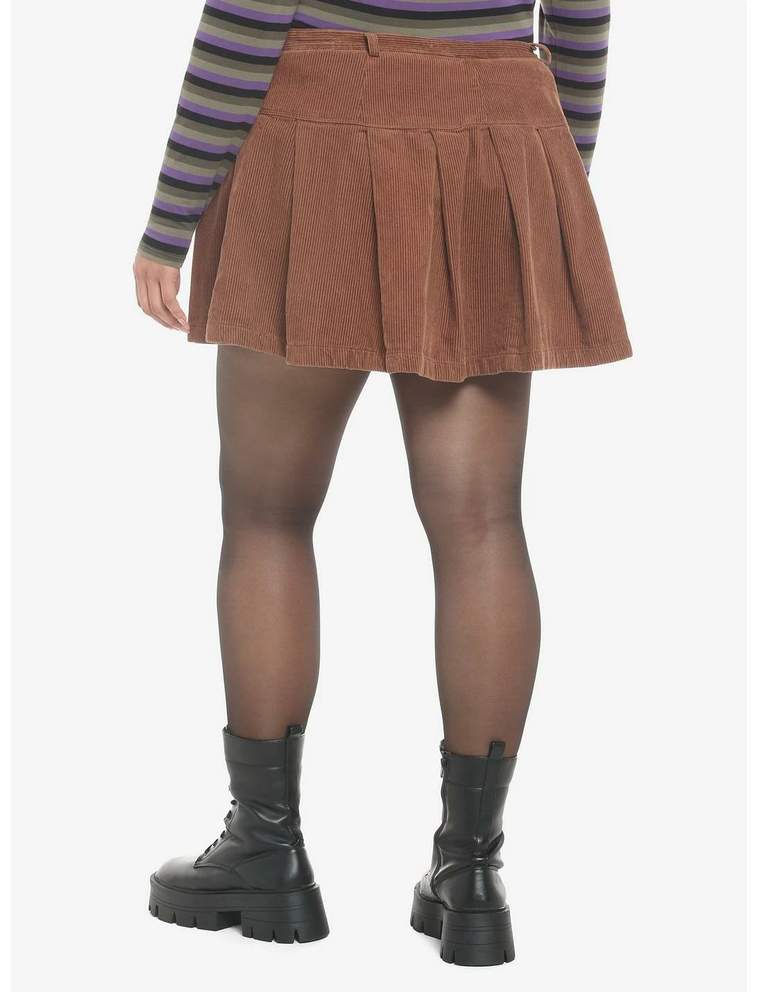 HUNIVERS Brown Corduroy Pleated Mini Skirt Plus Size - Image 2