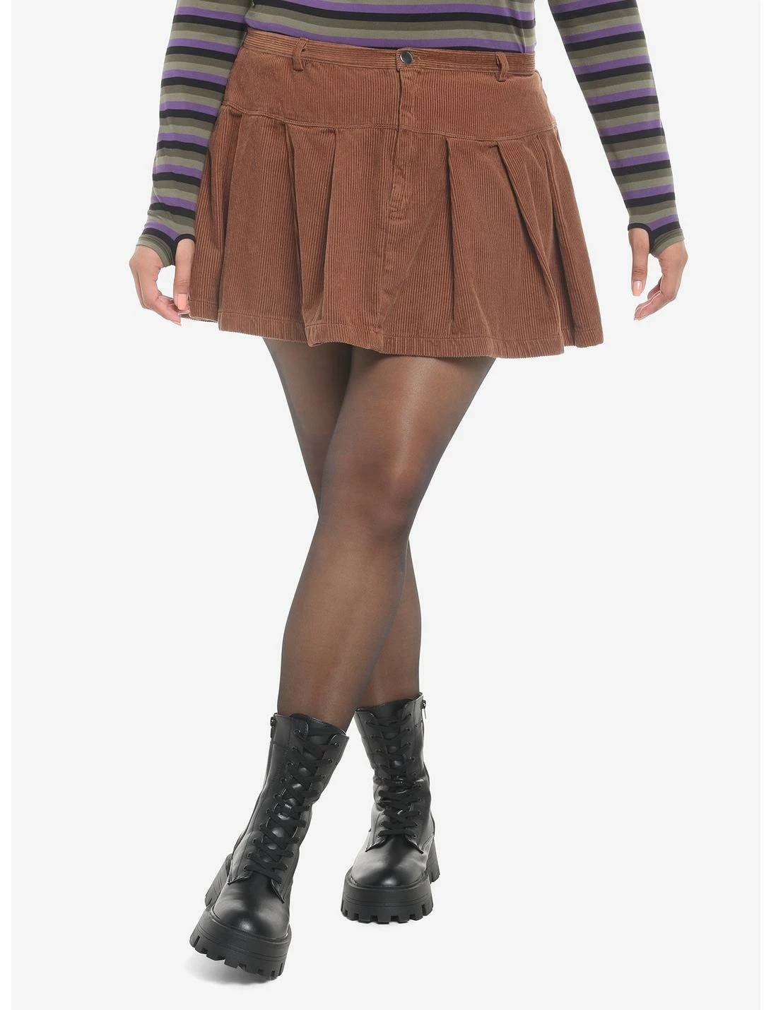 HUNIVERS Brown Corduroy Pleated Mini Skirt Plus Size